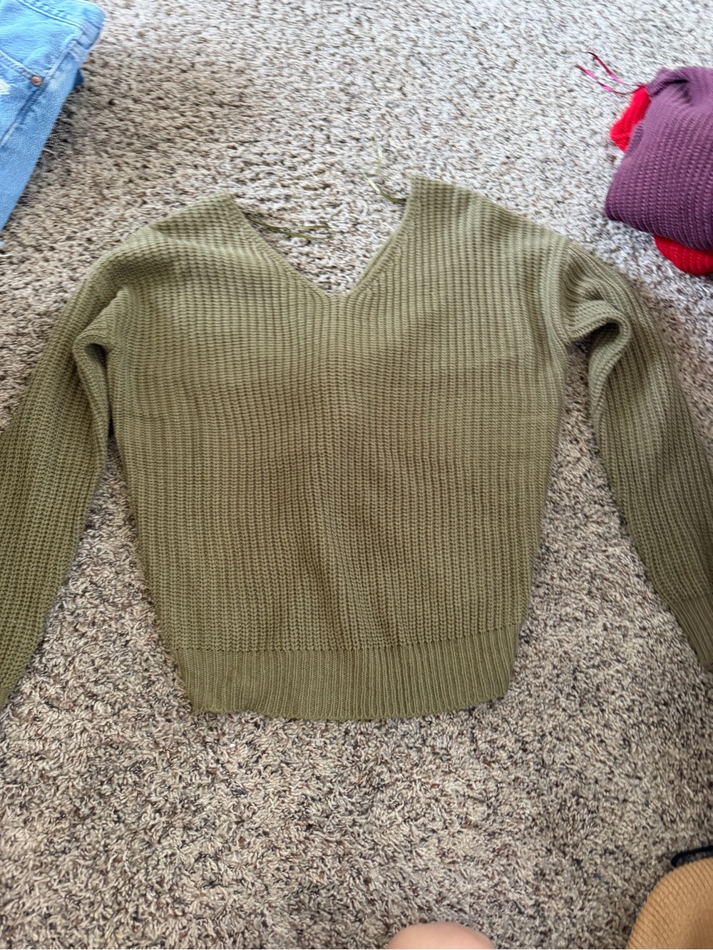 Olive Green V-Neck Knit Sweater